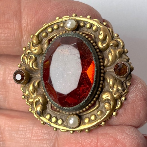 Vintage Etruscan Brooch Brass Natural Pearl Amber Glass Cabochon - Picture 6 of 8